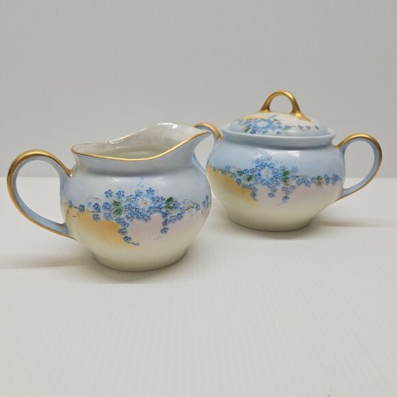 Vintage Bavaria Hand Painted Porcelain Blue Flowers Creamer & Lidded Sugar Bowl - Picture 1 of 8